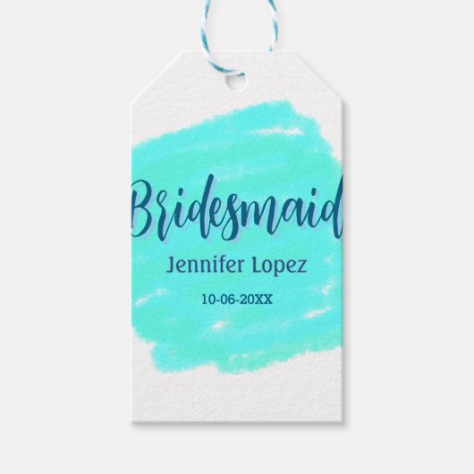 Bruidsmeisje blauw groene aquarel voeg naam datum  cadeaulabel (Voorkant)