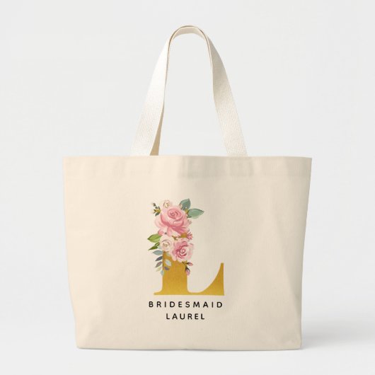 Bruidsmeisje Bloem Roze Goud Monogram Letter L Grote Tote Bag (Voorkant)
