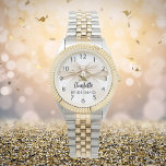 Bruidsmeisje boog beige crème naam horloge<br><div class="desc">Een beige,  crèmekleurige achtergrond. Versierd met een grote boog. Personaliseer en voeg de naam van uw bruidsmeisje toe. Zwart handgeschreven script.</div>