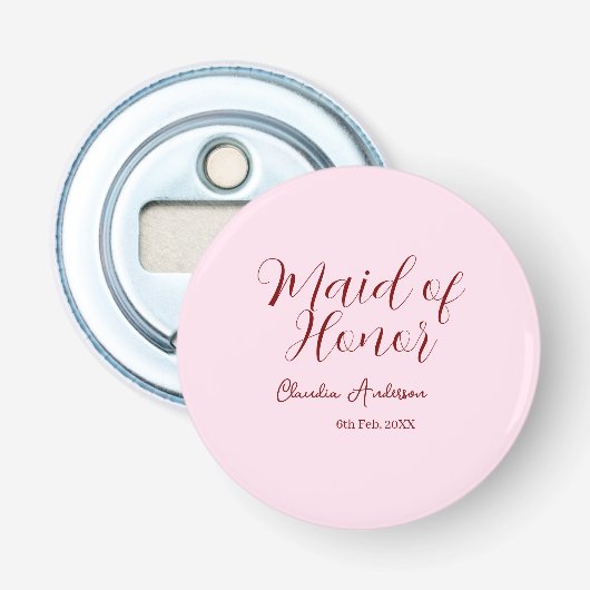 Bruidsmeisje bruidstaart mauve naam datum roze pas button flesopener (Voorkant)