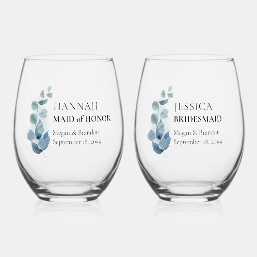 Bruidsmeisje eucalyptus groen aangepaste bruiloft wijnglas zonder voet (Voorkant)