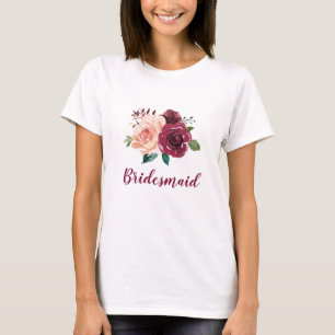 Bruidsmeisje Floral Blush Roze Bourgondië Roos Bru T-shirt