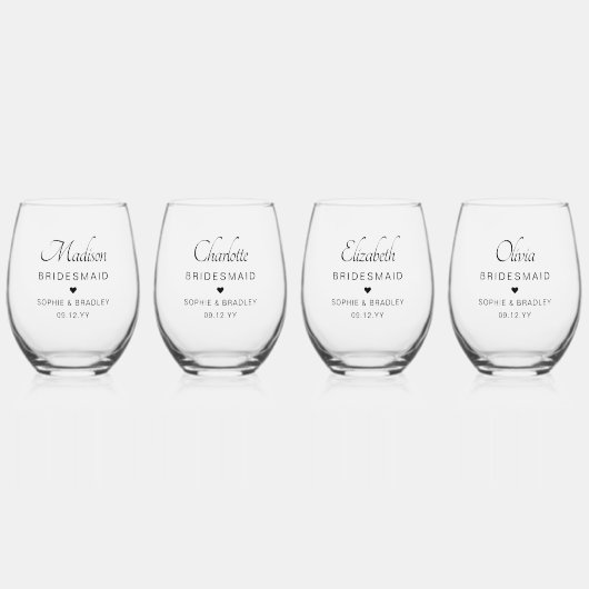 bruidsmeisje gepersonaliseerde naam bruiloft parti wijnglas zonder voet (Voorkant)