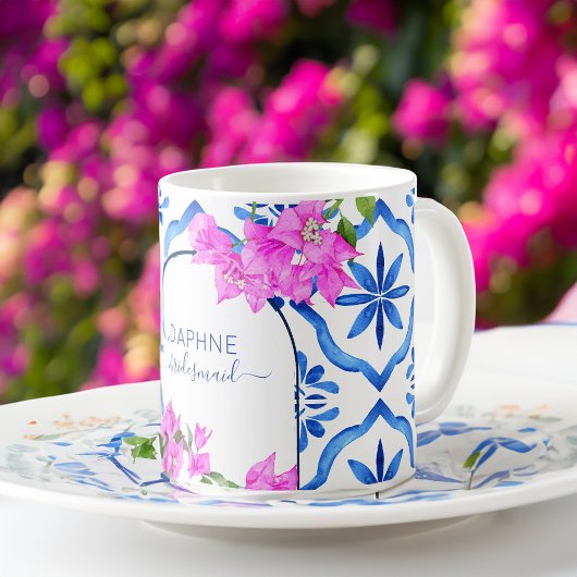 Bruidsmeisje geschenken blauw tegels bougainvillea koffiemok