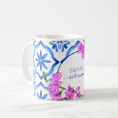 Bruidsmeisje geschenken blauw tegels bougainvillea koffiemok (Voorkant links)
