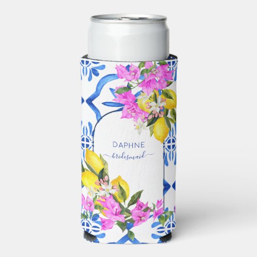 Bruidsmeisje geschenken blauw tegels bougainvillea seltzer blikjeskoeler (Seltzer Voorkant)