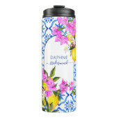 Bruidsmeisje geschenken blauw tegels bougainvillea thermosbeker (Voorkant)