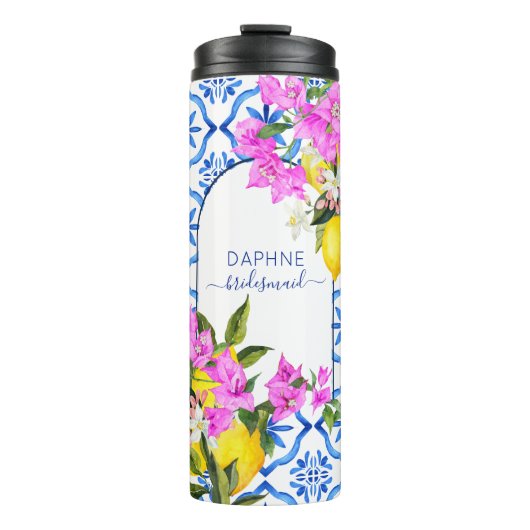 Bruidsmeisje geschenken blauw tegels bougainvillea thermosbeker (Voorkant)