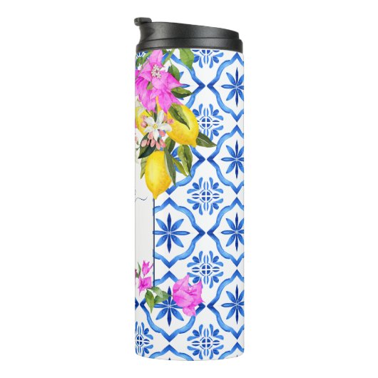 Bruidsmeisje geschenken blauw tegels bougainvillea thermosbeker (Geroteerd rechts)