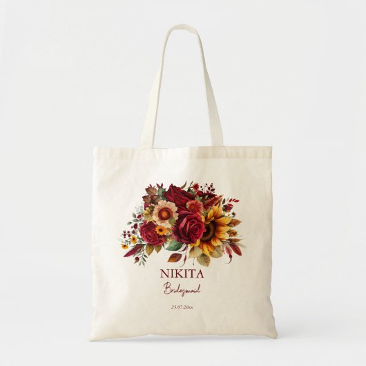 Bruidsmeisje geschenken bordeaux rozen zonnebloeme tote bag (Voorkant)