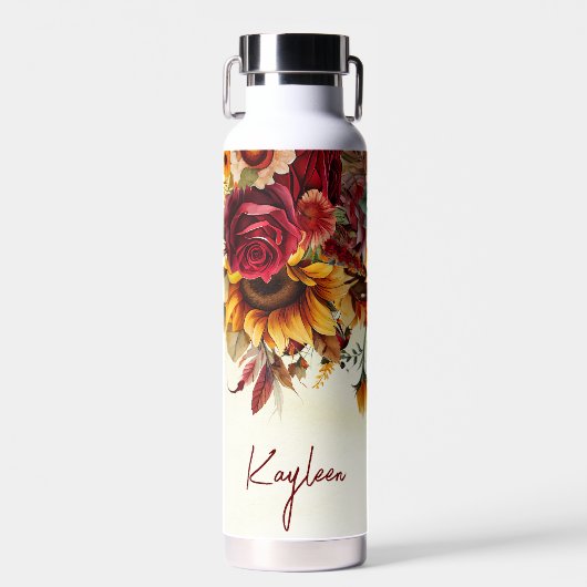 Bruidsmeisje geschenken bordeaux rozen zonnebloeme waterfles (Voorkant)