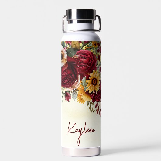 Bruidsmeisje geschenken bordeaux rozen zonnebloeme waterfles (Achterkant)