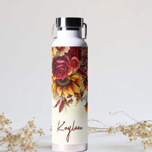 Bruidsmeisje geschenken bordeaux rozen zonnebloeme waterfles