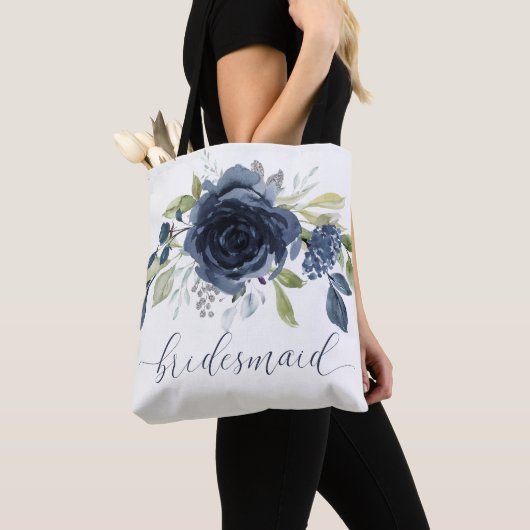 Bruidsmeisje Gift Bruiloft Marineblauw Zilver Tote Bag (Dichtbij)