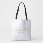 Bruidsmeisje Gift Gold Naam Tote Bag<br><div class="desc">Deze bruidsmeisje make-up en accessoiretas is voorzien van een handgeschreven gouden script typografie met moerassen op een middernacht of witte achtergrond. Cadeau uw bruidsmeisjes met een toilettas voor hun make-up en kleine items die traditioneel worden gepresenteerd tijdens het repetitiediner,  voor gebruik in de vroege morgen voor de bruiloft.</div>