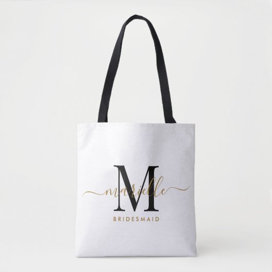 Bruidsmeisje Gift Goud Zwart Monogram Wit Tote Bag (Voorkant)