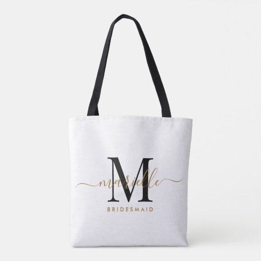 Bruidsmeisje Gift Goud Zwart Monogram Wit Tote Bag (Achterkant)