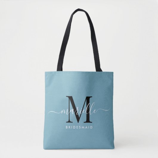 Bruidsmeisje Gift Wit Zwart Monogram Dusty Blue Tote Bag (Voorkant)