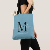 Bruidsmeisje Gift Wit Zwart Monogram Dusty Blue Tote Bag (Dichtbij)