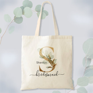 Bruidsmeisje Goudblad Groene Gebladerte Monogram " Tote Bag