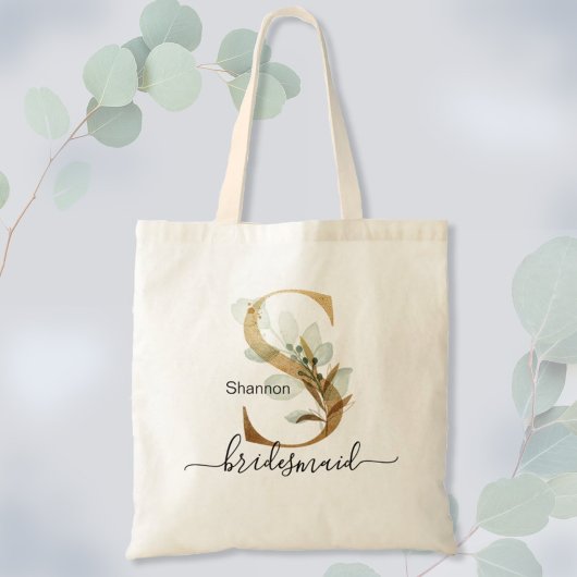 Bruidsmeisje Goudblad Groene Gebladerte Monogram " Tote Bag