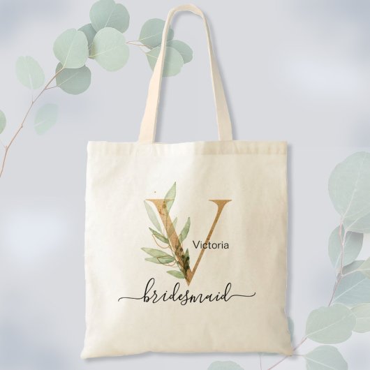 Bruidsmeisje Goudblad Groene Loof Monogram "V" Tote Bag