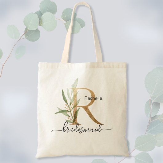Bruidsmeisje Gouden Blad Groene Loof Monogram "R" Tote Bag