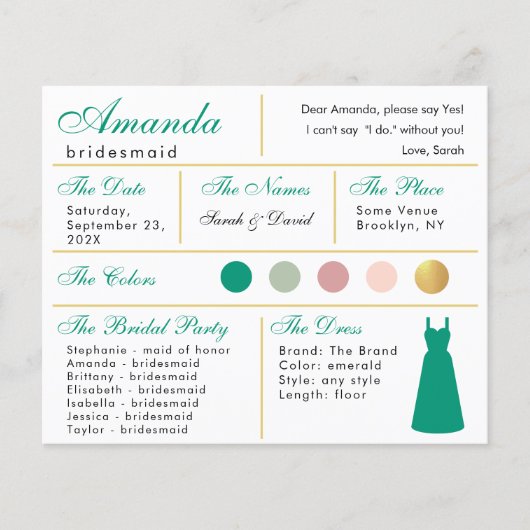 Bruidsmeisje Informatie Kaart Emerald Green Gold (Voorkant)