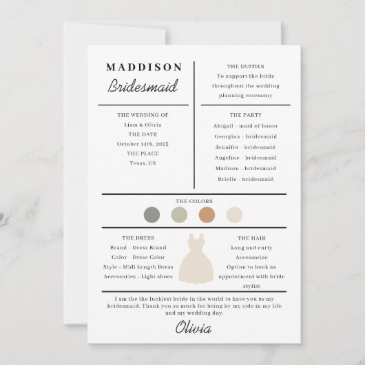 Bruidsmeisje informatiekaart bedankkaart (Voorkant)