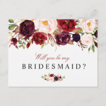 bruidsmeisje kaart met bordeaux bloemen