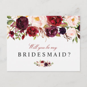 bruidsmeisje kaart met bordeaux bloemen