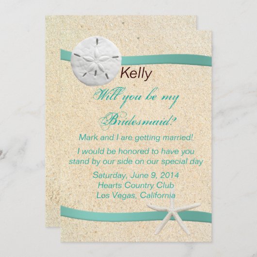 Bruidsmeisje kaart voor strandhuwelijk met zanddol (Voorkant / Achterkant)