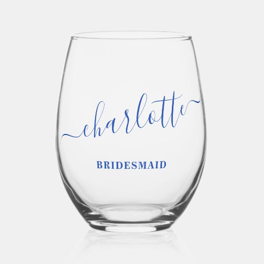 Bruidsmeisje Modern Blauw Script Naam Vrijgezellen Wijnglas Zonder Voet (Voorkant)