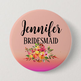 bruidsmeisje | Modern Floral gepersonaliseerd Ronde Button 7,6 Cm
