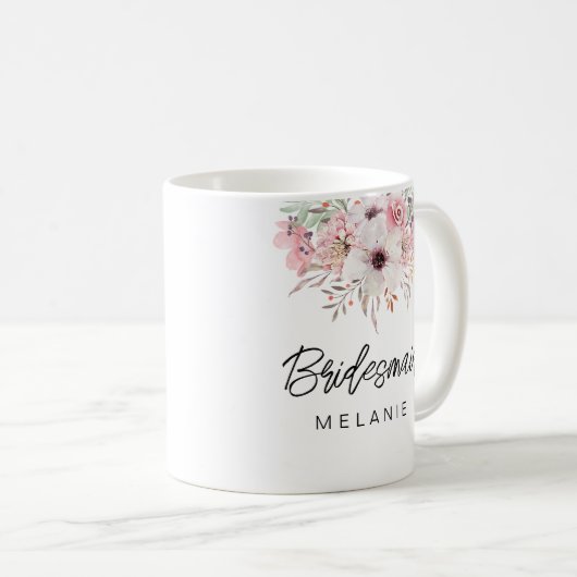 Bruidsmeisje Modern Rustiek Bloemen Mok Gift | Wit (Voorkant rechts)