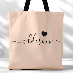 Bruidsmeisje Modern Schrift Hart Perzik Beige Tote Bag