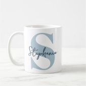 Bruidsmeisje | Moderne Stofblauwe Monogram Eerste Koffiemok (Links)