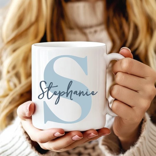 Bruidsmeisje | Moderne Stofblauwe Monogram Eerste Koffiemok