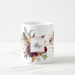 Bruidsmeisje Monogram Waterverf Bloemen Marsala Koffiemok