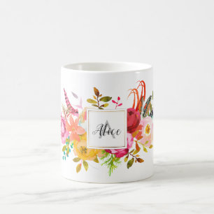 Bruidsmeisje Monogram Waterverf Boho Roze Bloemen Koffiemok