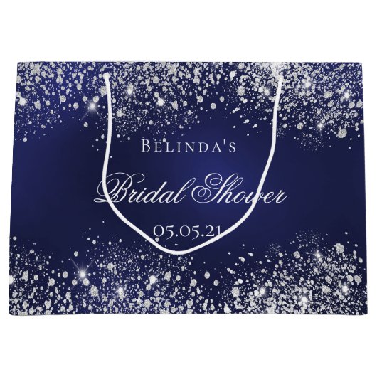 Bruidsmeisje navy blauw zilveren naam bruiloft groot cadeauzakje (Voorkant)