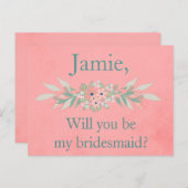Bruidsmeisje Nodig Roze en Groene Bloemen uit Uitnodiging Briefkaart (Voorkant / Achterkant)
