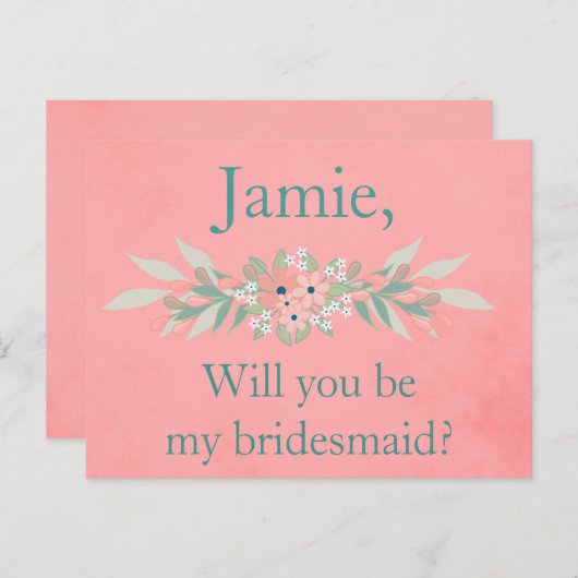 Bruidsmeisje Nodig Roze en Groene Bloemen uit Uitnodiging Briefkaart (Voorkant / Achterkant)