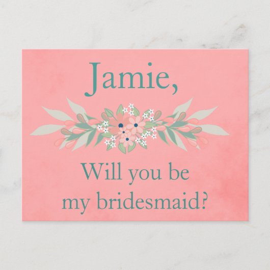 Bruidsmeisje Nodig Roze en Groene Bloemen uit Uitnodiging Briefkaart (Voorkant)