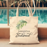 Bruidsmeisje Palm Leaf gepersonaliseerde bruids pa Tote Bag<br><div class="desc">Bruids feestgeschenk om te personaliseren voor uw bruidsmeisje - of iemand in uw bruiloft. Bruidsmeisje is bedrukt in swirly handgeschreven kalligrafie, en je kunt dit gemakkelijk naar een andere rol schakelen, door het ontwerpgereedschap in te voeren. Het ontwerp is voorzien van een waterverf tropisch palmblad dat ook wordt gebruikt in...</div>