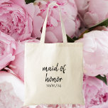 Bruidsmeisje / Persoonlijk Bruiloft Cadeau Tote Bag<br><div class="desc">Geef je rechterhand-vriendin een fijne “Maid of Honor”-tas met elegante zwarte letters op de voorkant en de datum van je huwelijk eronder. De achterkant is gepersonaliseerd met de naam van de getuige, waardoor het een attent en stijlvol aandenken is dat ze lang na de grote dag zal koesteren.</div>
