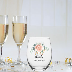 Bruidsmeisje roos gouden bloemen eucalyptus wijnglas zonder voet