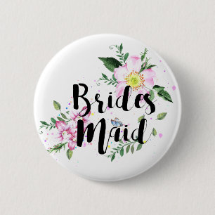 Bruidsmeisje Roze Bloemschildering Waterverf Trouw Ronde Button 5,7 Cm