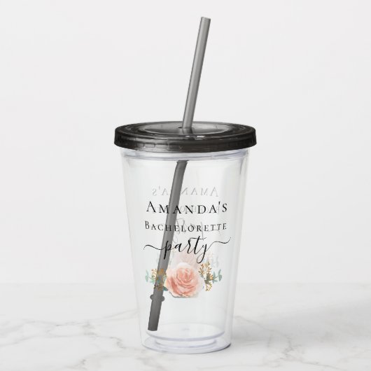 Bruidsmeisje roze gouden bloemige eucalyptus groen acryl drinkbeker (Achterkant)