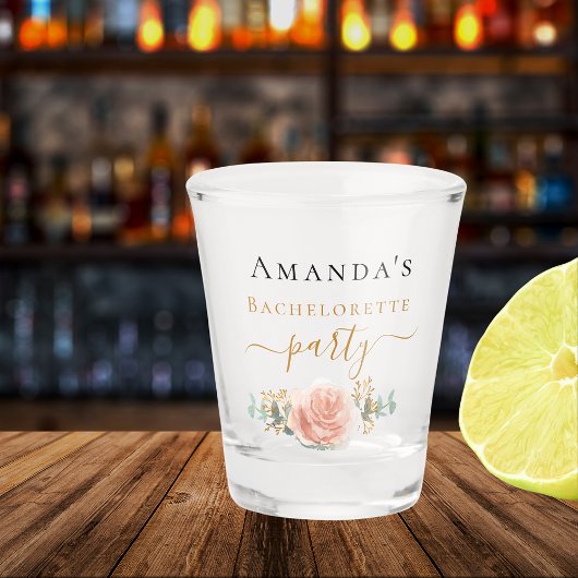 Bruidsmeisje roze gouden bloemige eucalyptus groen shot glas